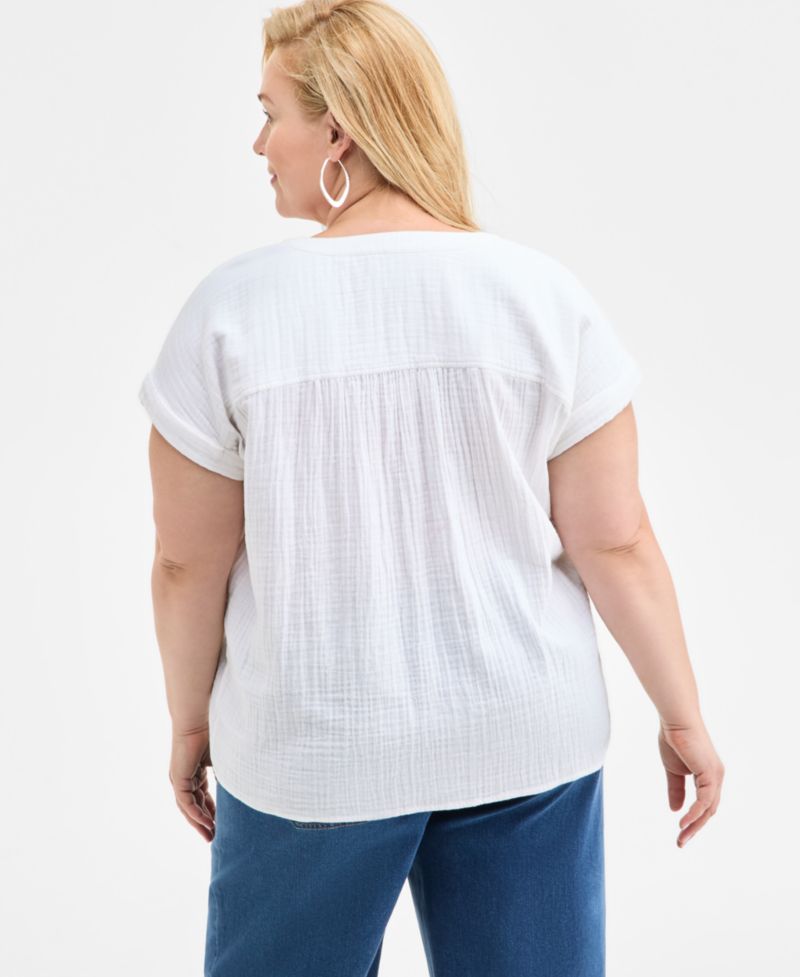 Petite Cotton Gauze V-Neck Short-Sleeve Top