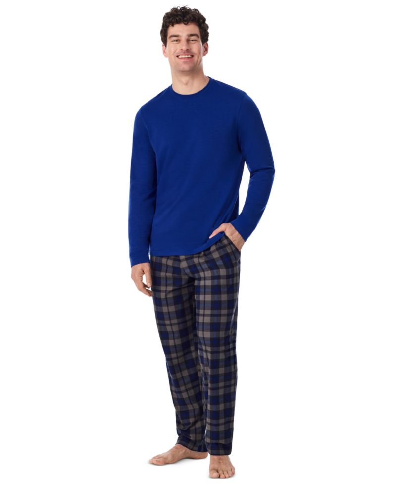 Men's Cozy Lodge Long-Sleeve Crewneck Plaid Top and Pajama Pants, 2-Piece Set