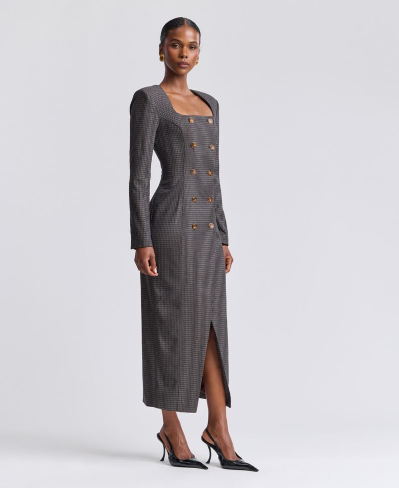 Women's Plaid Long-Sleeve Double-Breasted Midi Dress