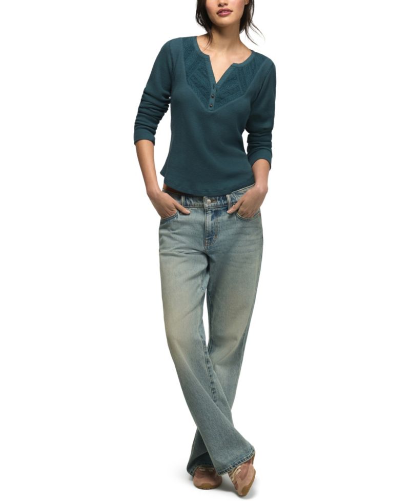 Women's Trim Mix Long-Sleeve V-Neck Lace-Trim Henley Top
