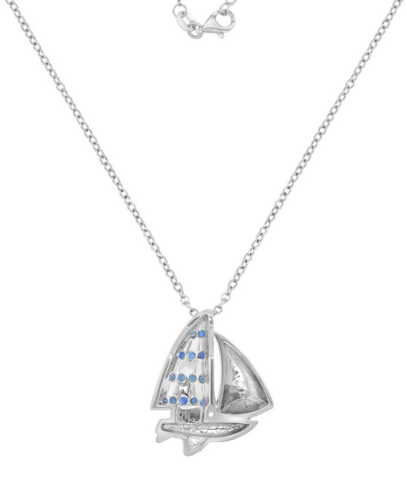 Created Blue Sapphire Ship Necklace in Rhodium Over Sterling Silver