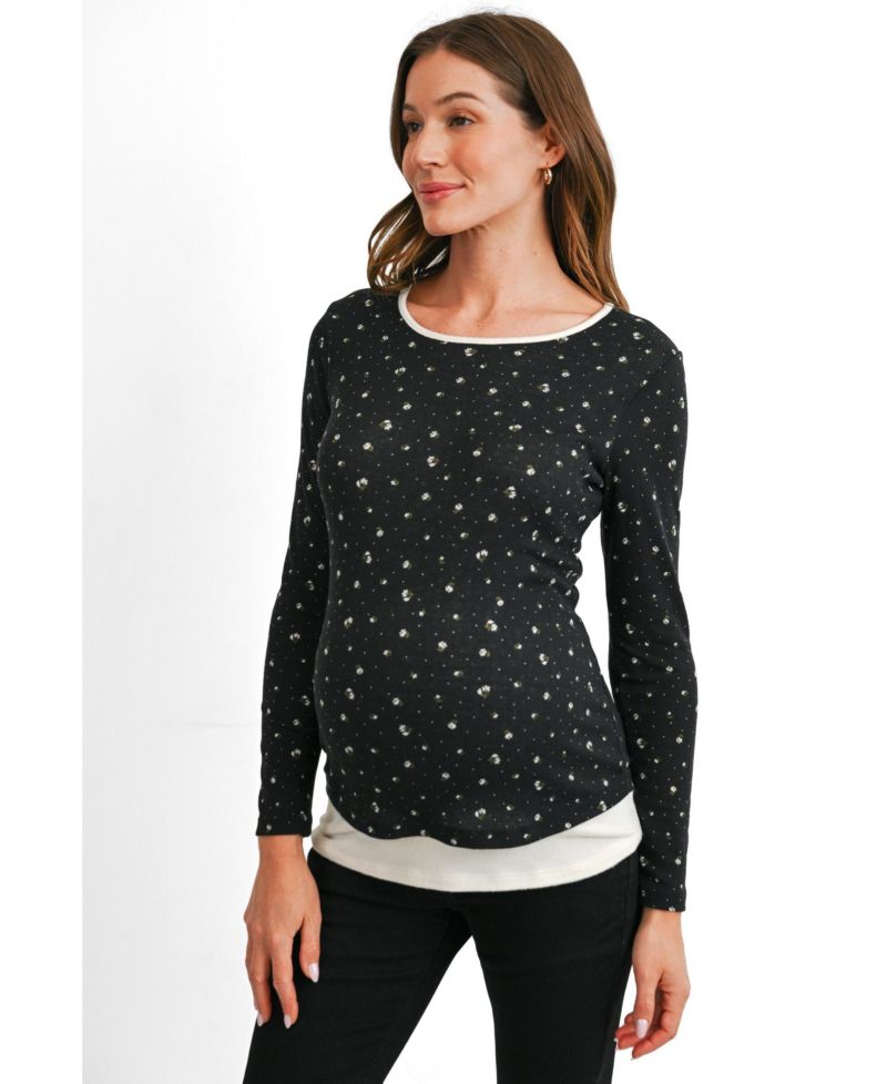Maternity Floral-Print Scoop Neck Fitted Long-Sleeve Top
