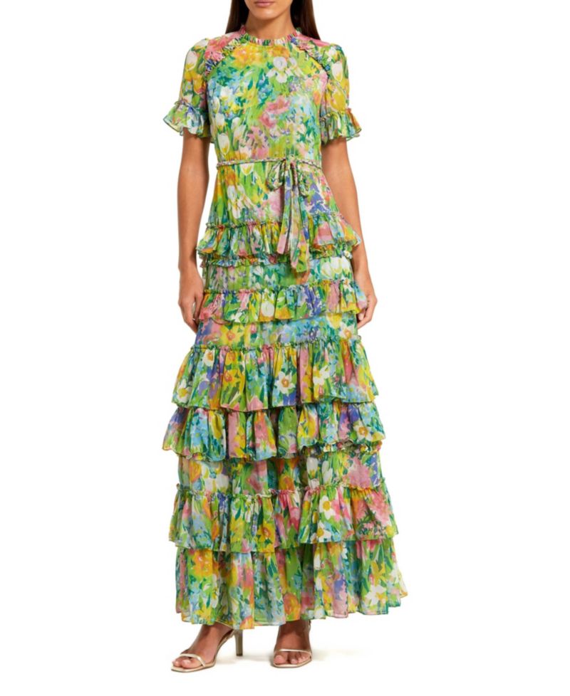Women's Floral Printed Chiffon Tiered Ruffle Gown