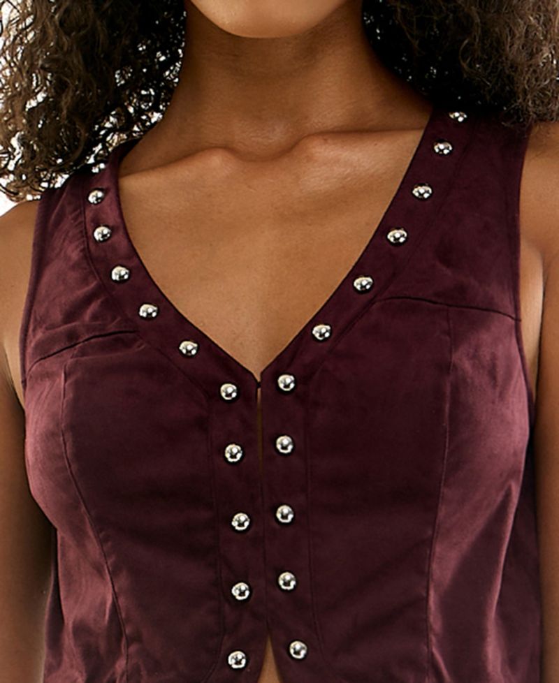 Juniors' Suede V-Neck Studded Vest and Midi Skirt Set