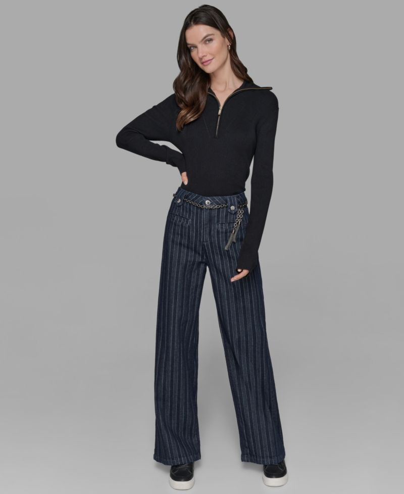Women's Striped Denim Belted Wide-Leg Pants