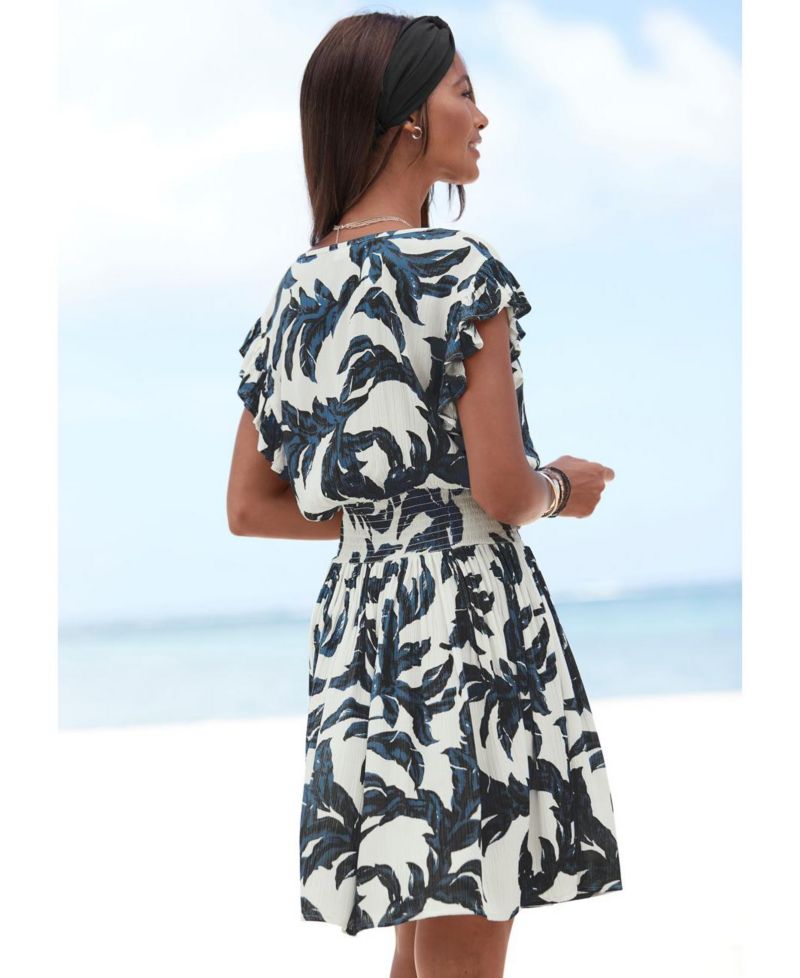 Women's Flutter-Sleeve Smocked-Waist Fit-and-Flare Dress