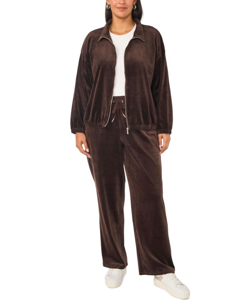 Plus Size Mock-Neck Velour Zip-Up Jacket