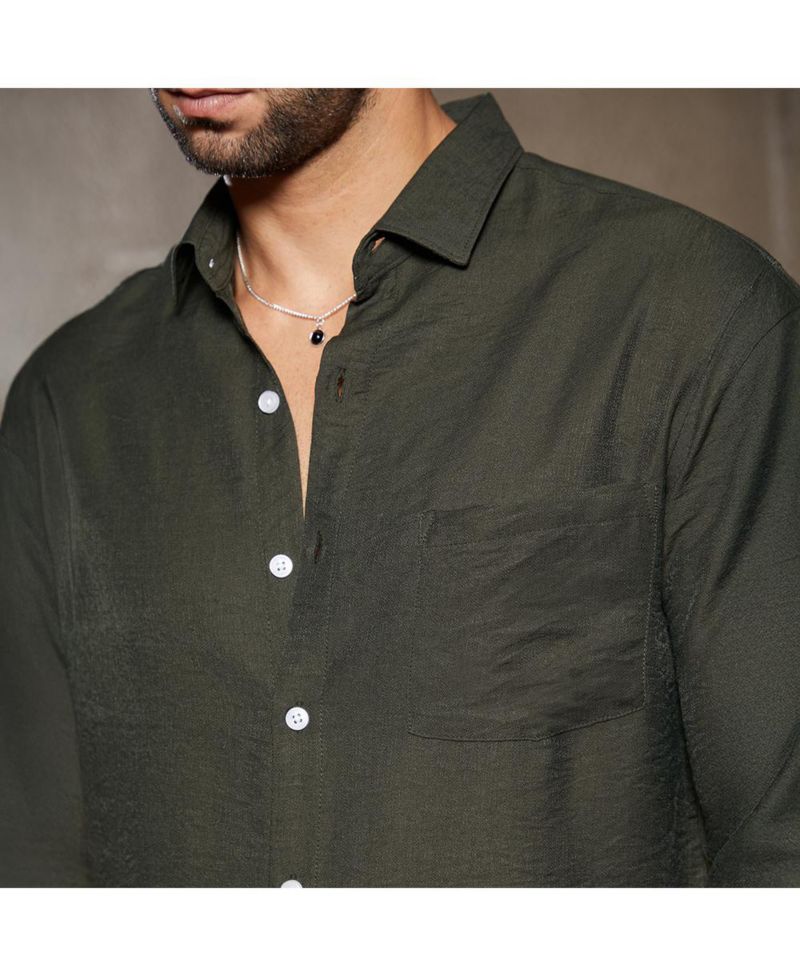 Men's Olive Green Breezy Wrinked Relaxed Shirt