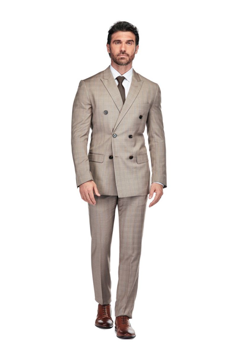 Men's 2 Piece Slim Fit Brown Check Double Breasted Suit
