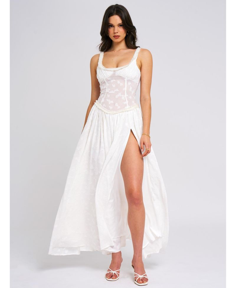 Women's Ulissa White Square Neck Jacquard Textured High Slit Maxi Dress