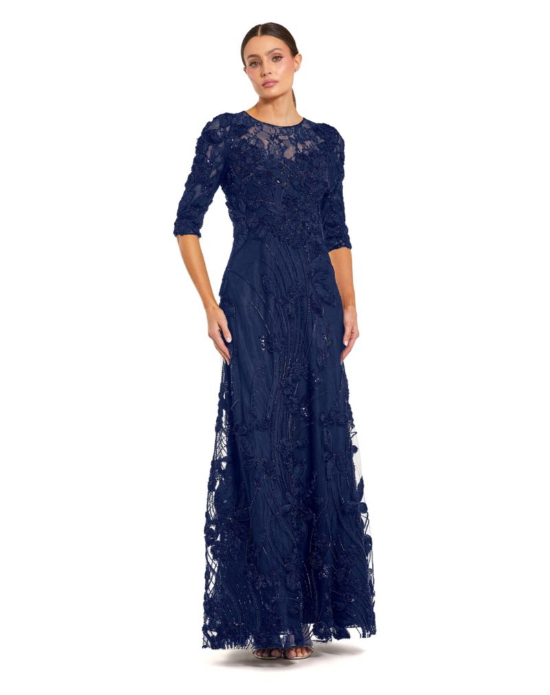 Petite High Neck Embellished Lace Gown with 3/4 Sleeves