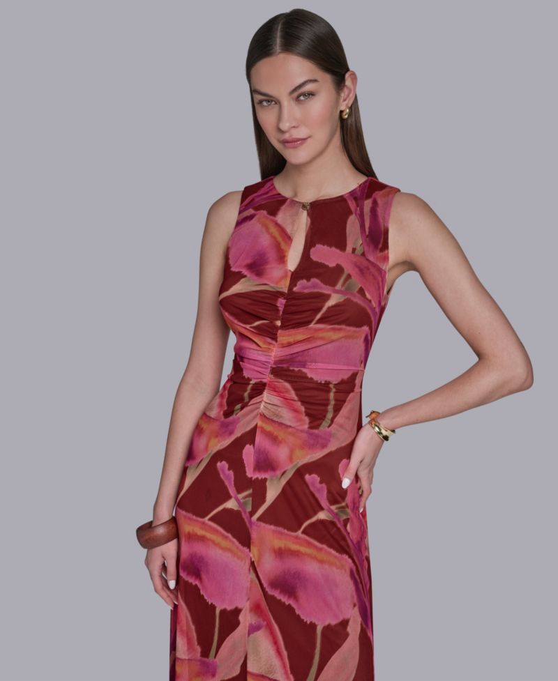 Women's Printed Crewneck Bodycon Keyhole Detail Midi Dress