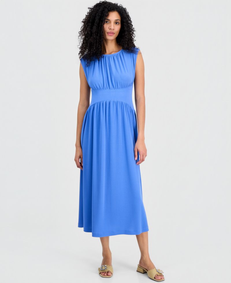 Women's Boat-Neck Shirred Midi Dress