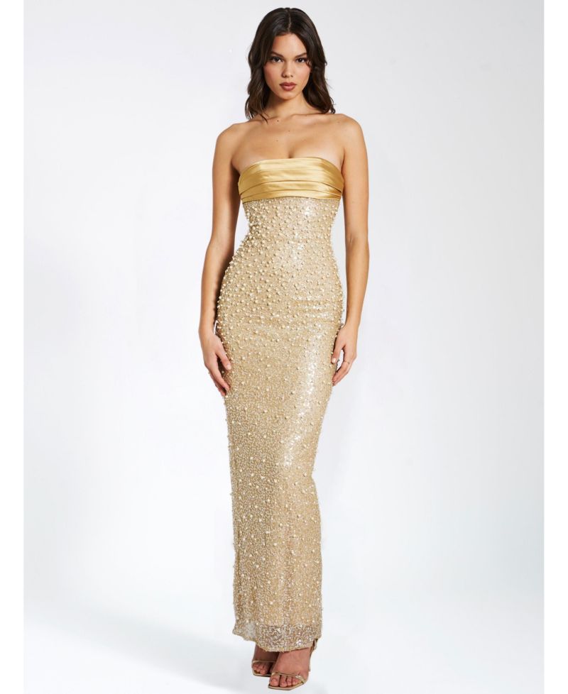 Women's Lainey Gold Satin Sequin Pearls Beaded Maxi Dress