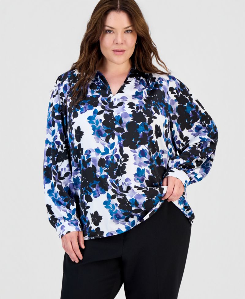 Plus Size Floral-Print V-Neck Blouson-Sleeve Blouse