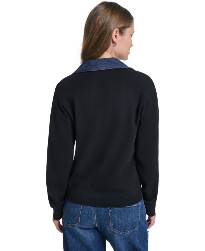 Women's Denim Collar V-Neck Sweater