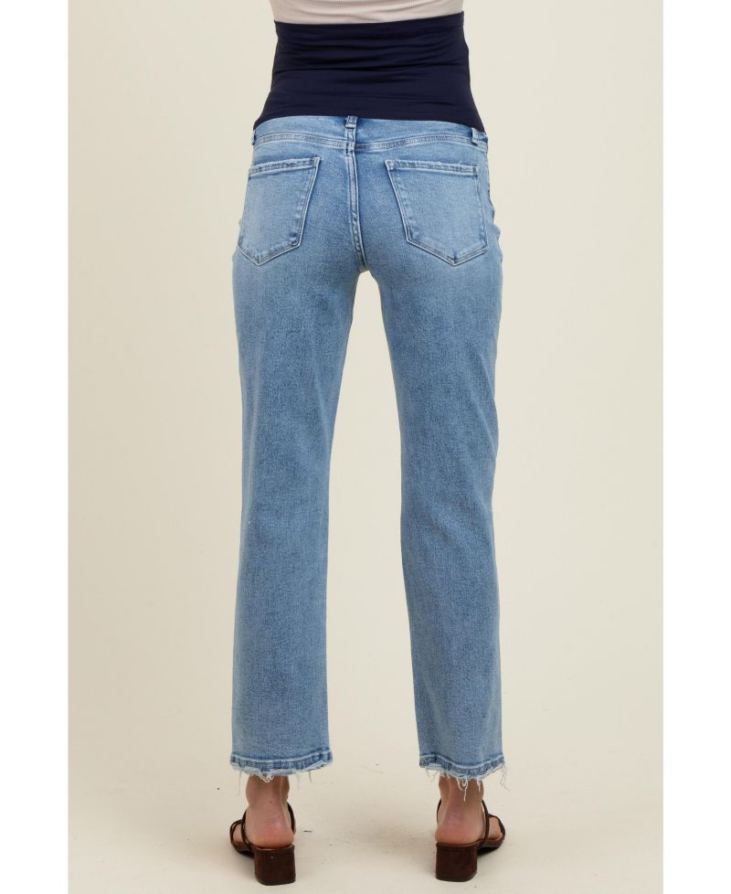 Women's Light Blue Distressed Open Knee Ankle Straight Leg Jeans