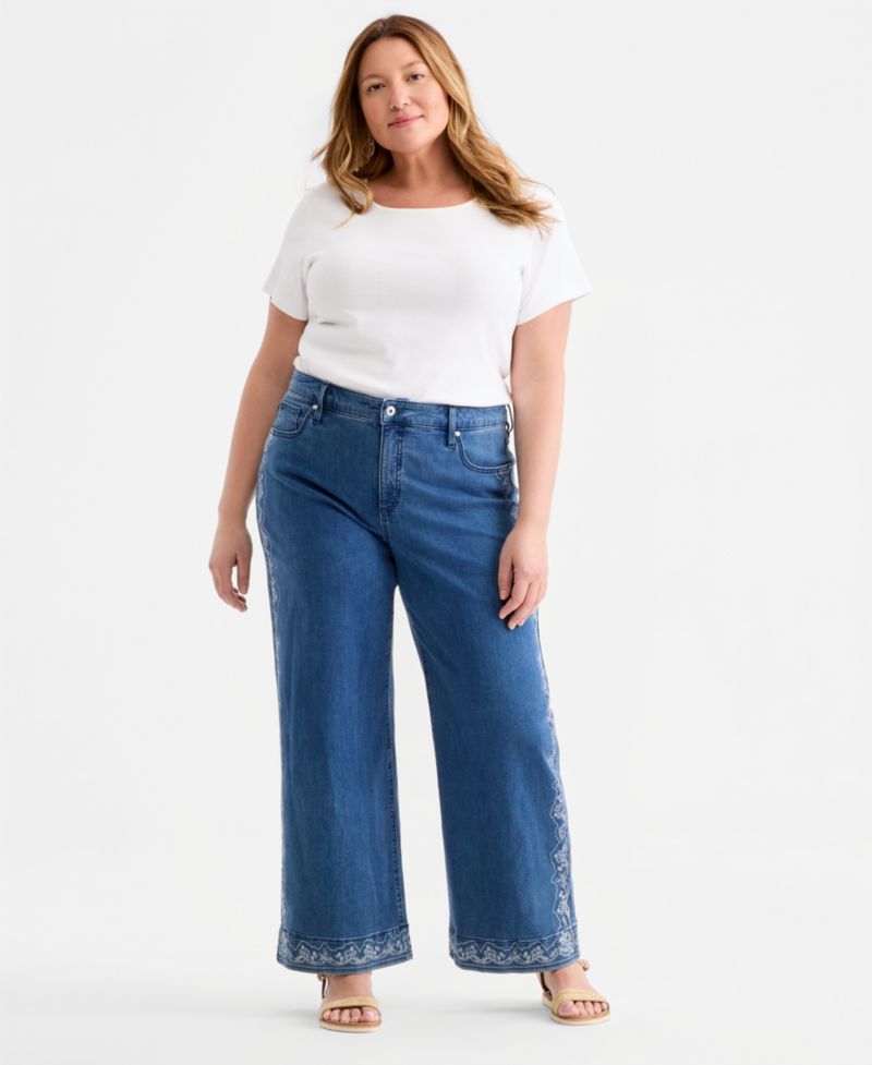 Plus Size Printed High-Rise Five-Pocket Wide-Leg Jeans