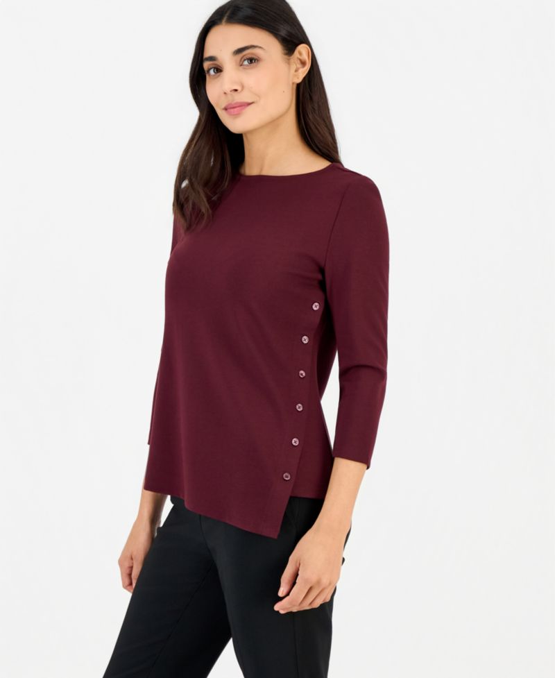 Petite 3/4-Sleeve Asymmetrical Button Top