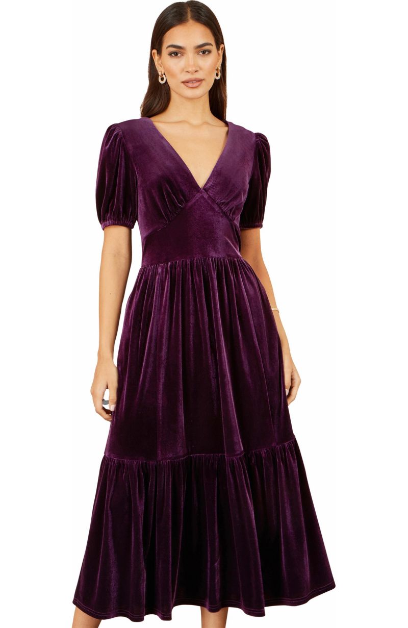 Women's Puff-Sleeve V-Neck Tiered Velvet Midi Dress