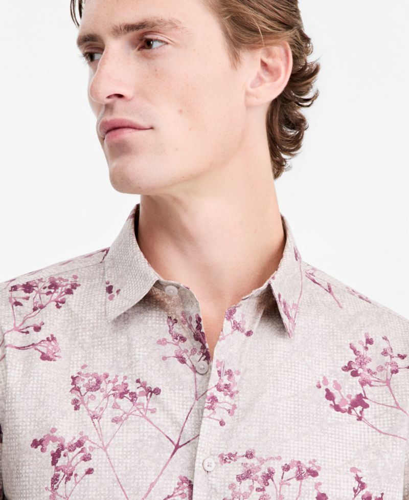 Men's Botanical Texture Long-Sleeve Floral Button-Down Shirt