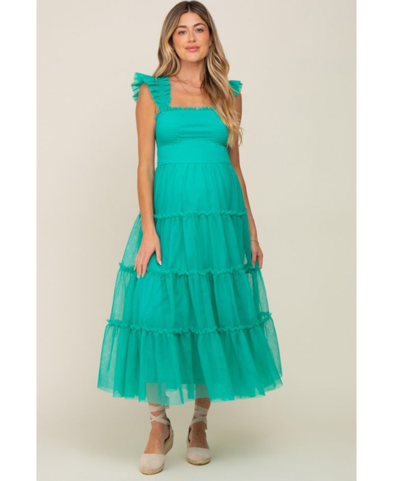 Women's Jade Smocked Mesh Ruffle Accent Midi Dress