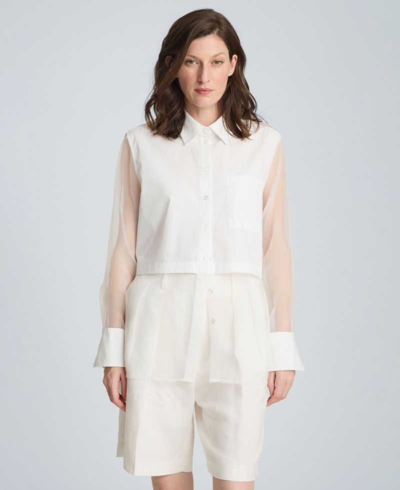 Women's Button Front Shirt with Sheer Overlay