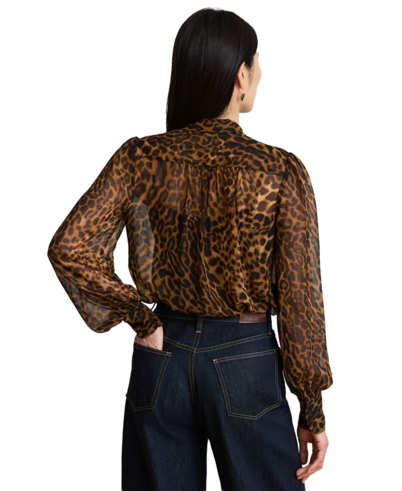 Petite Ocelot-Print Chiffon Tie-Neck Blouse