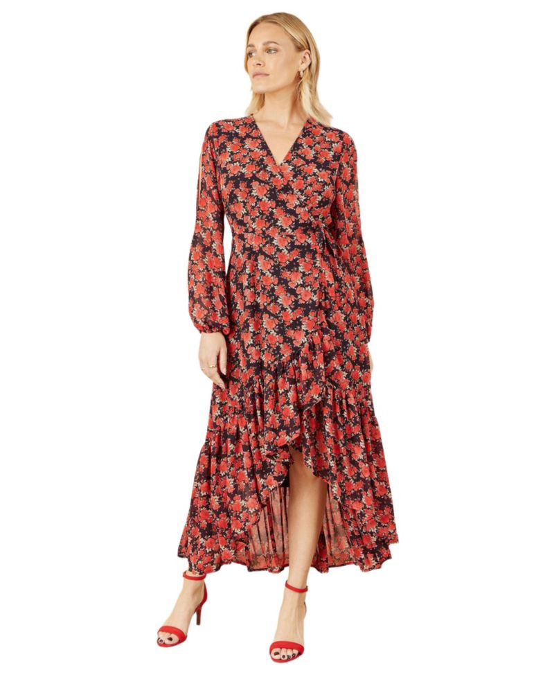 Women's Rose Print Dipped Hemline Midi Dress