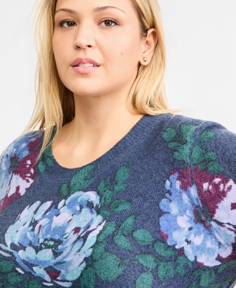 Plus Size Short-Sleeve Floral-Print Pullover Sweater