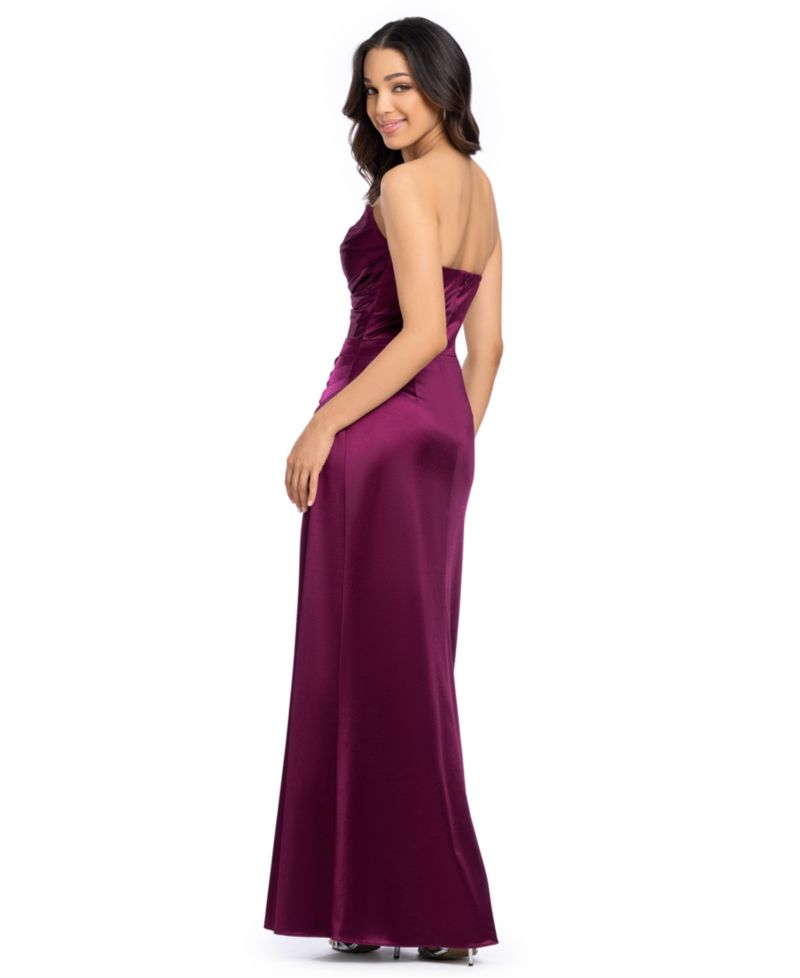 Juniors' Long Strapless Glam Satin Slim Gown