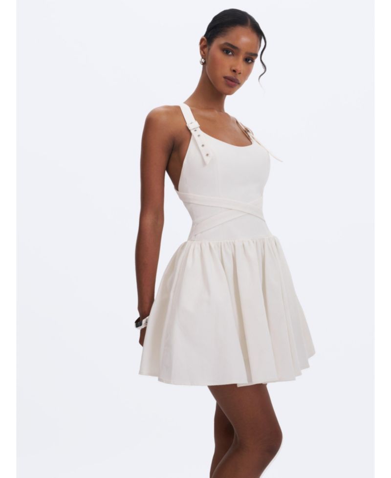 Women's Francine Scoop Neck Crossover Strap Mini Denim Dress