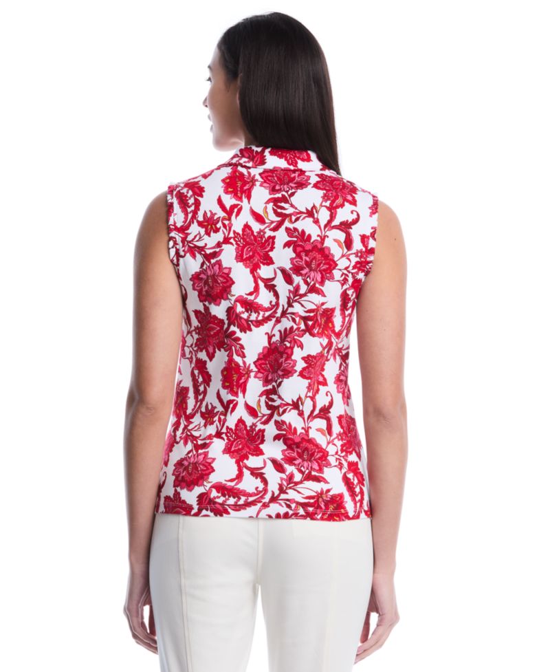 Petite Botanical Print Ruffle Trim Sleeveless Polo Shirt