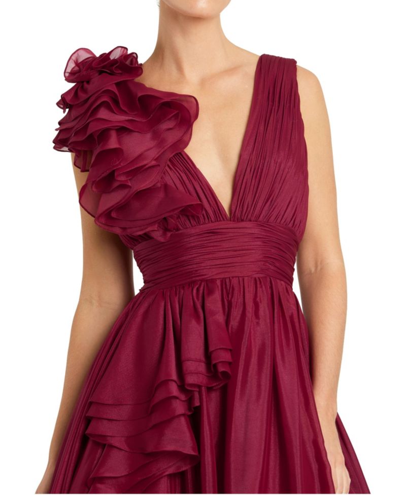 Petite Ruffle Shoulder V-Neck A-Line Evening Gown