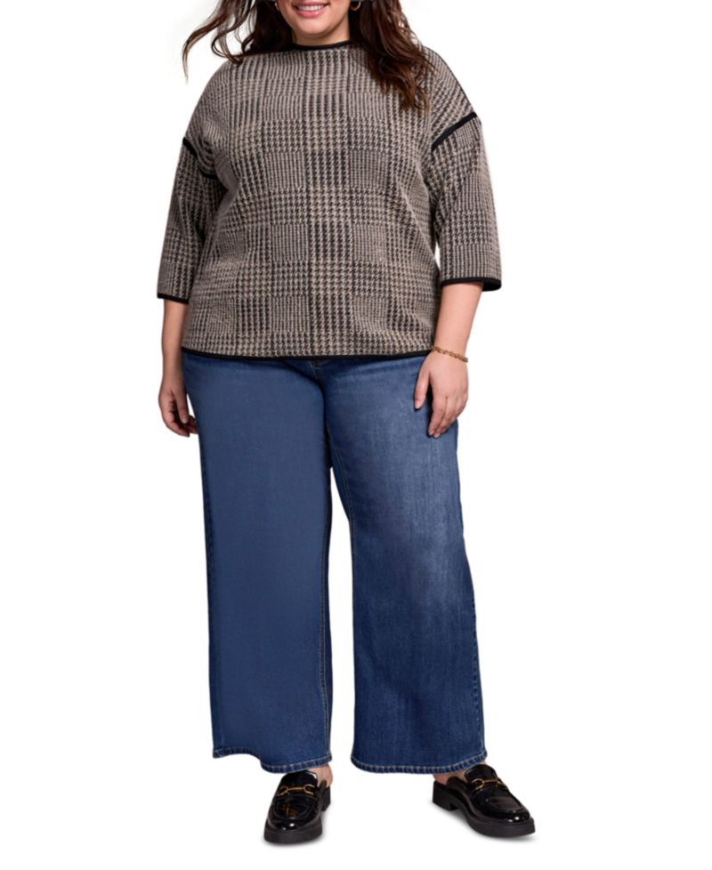 Plus Size 3/4 Sleeve Mock Neck Jacquard Plaid Top