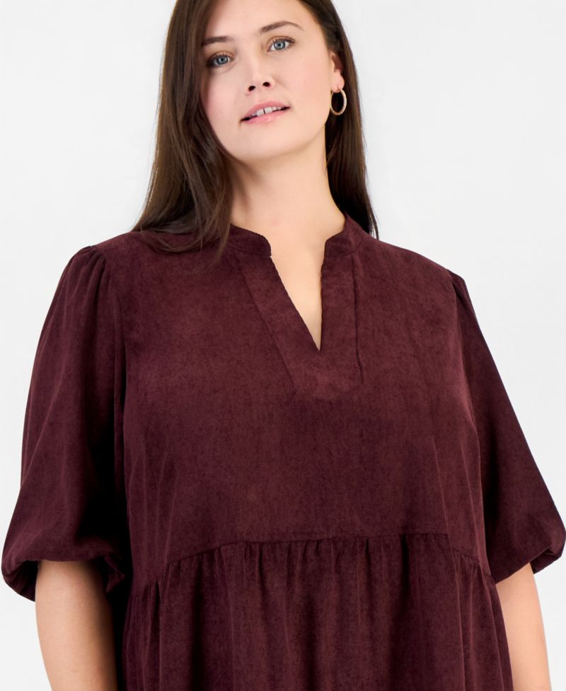 Plus Size Corduroy Puff-Sleeve Tiered Dress