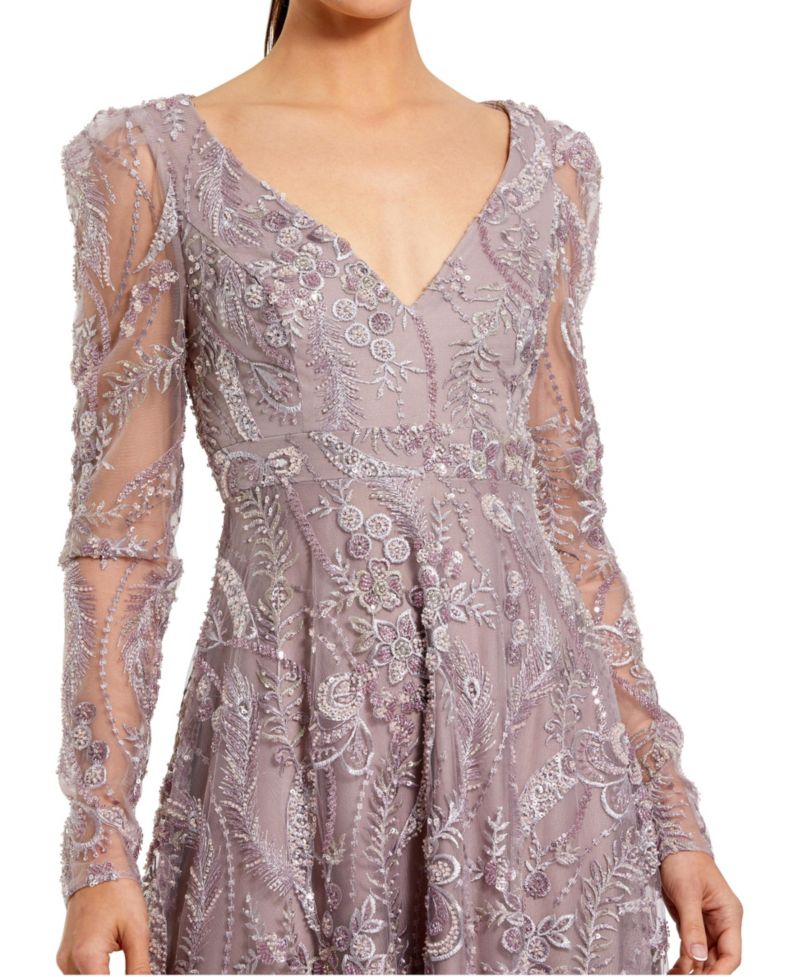Women's Floral Embroidered V Neck Long Sleeve Gown