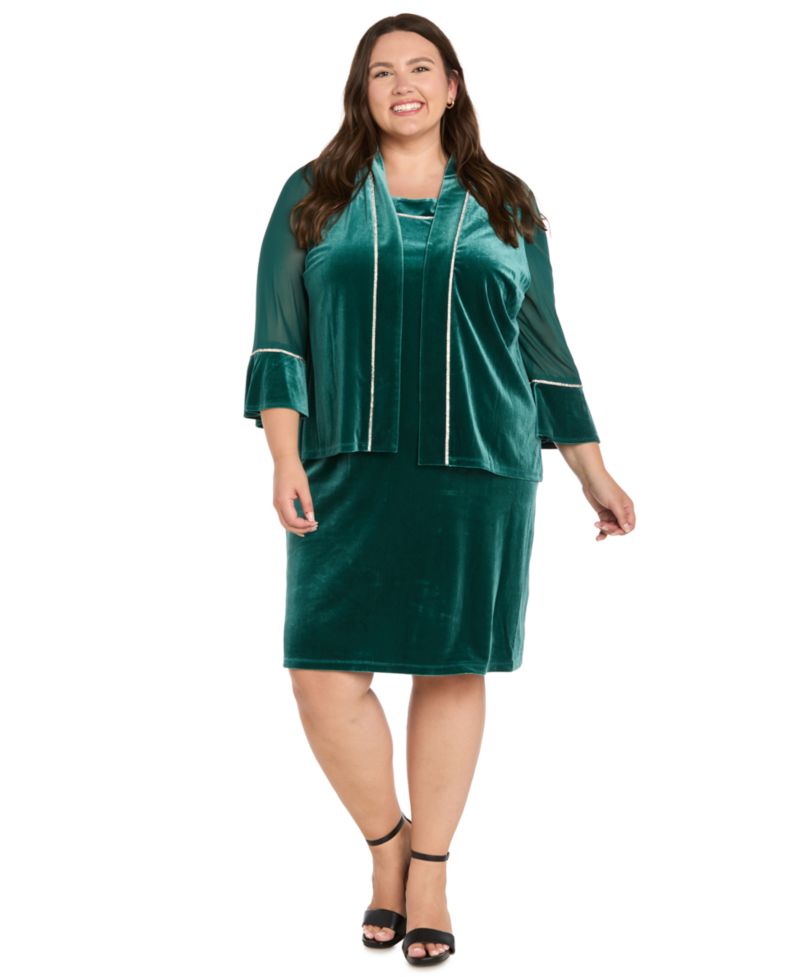 Plus Size Velvet Beaded Crewneck Dress and Jacket, 2-Piece Set