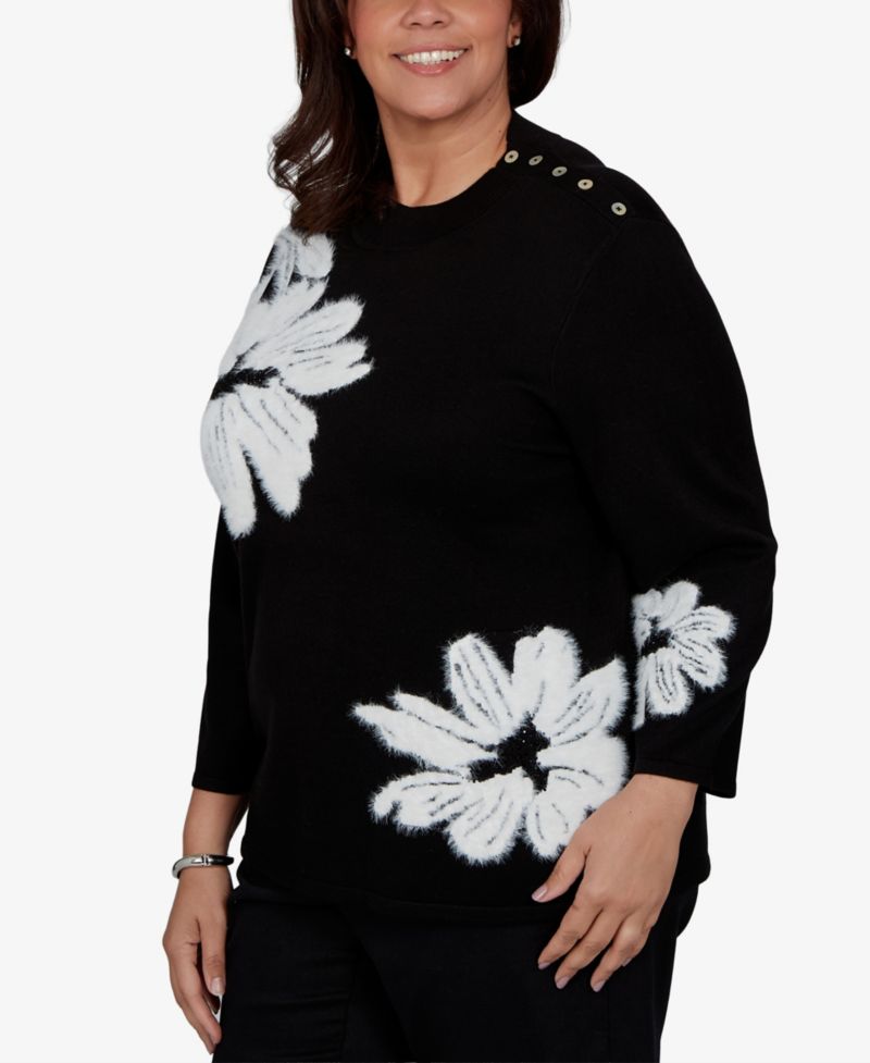 Plus Size 3/4-Sleeve Floral-Print Crewneck Pullover Sweater
