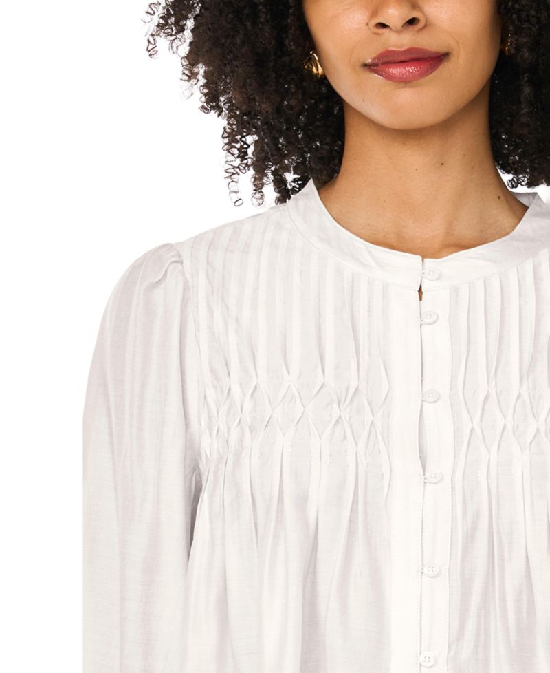 Women's Button-Front Long-Sleeve Crewneck Blouse