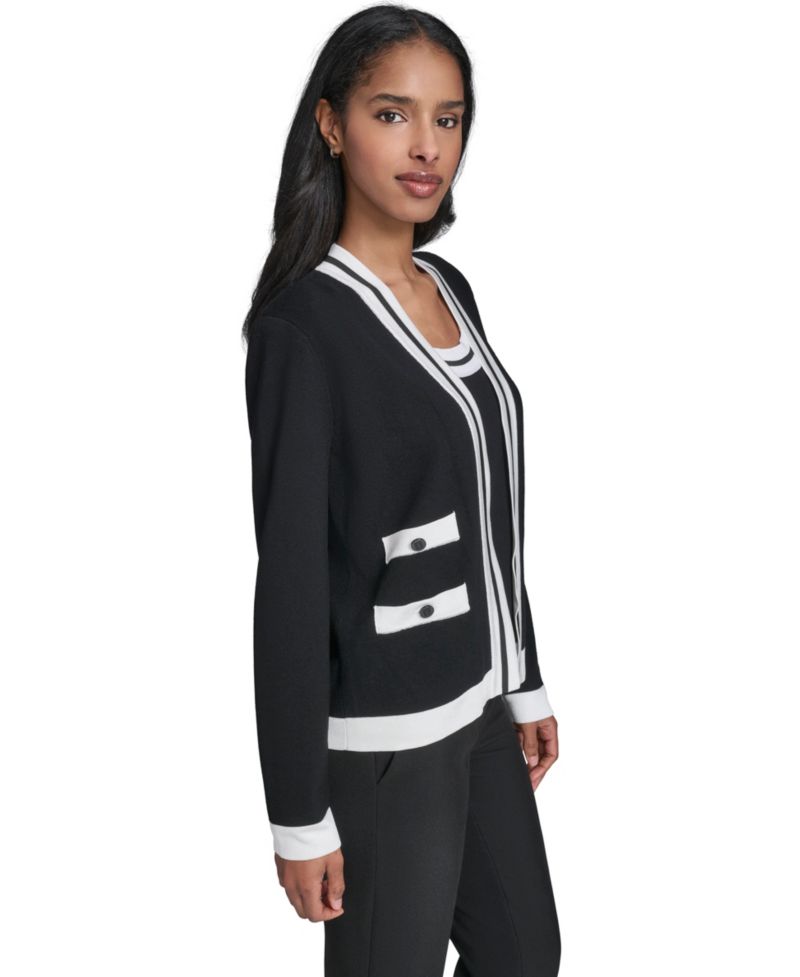 Petite Open-Front Long-Sleeve Knit Cardigan with Contrast Trim