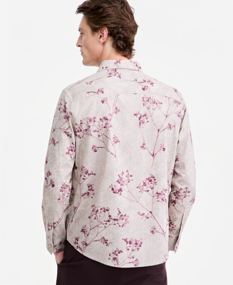 Men's Botanical Texture Long-Sleeve Floral Button-Down Shirt
