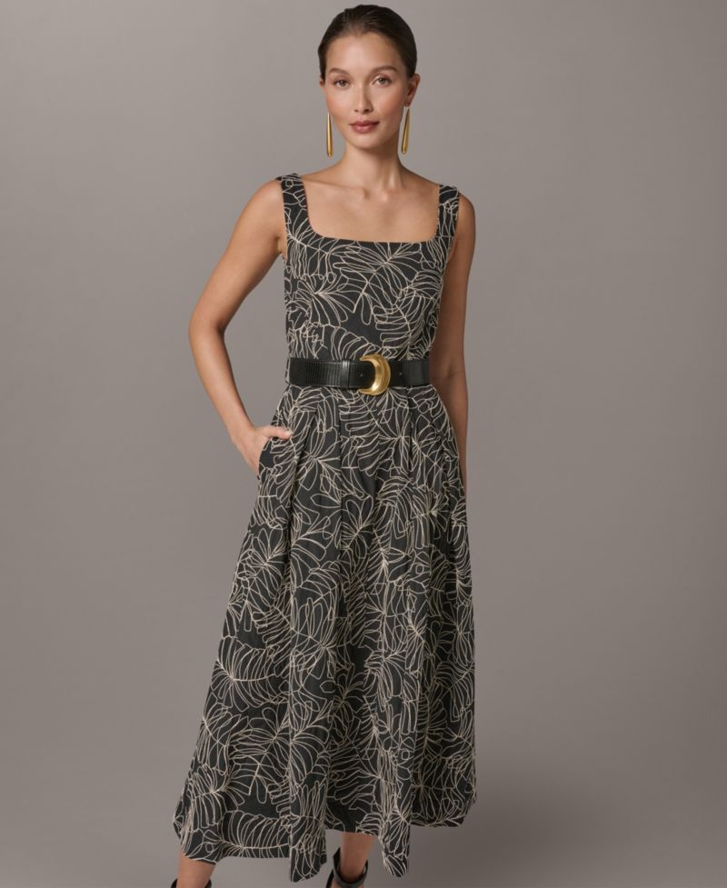 Women's Square Neck A-Line Midi Dress with Polyurethane Belt
