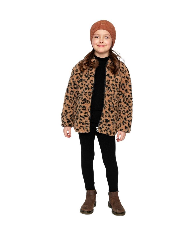 Big Girls Zipped Sherpa Overshirt with Chest Pockets Leopard Fur