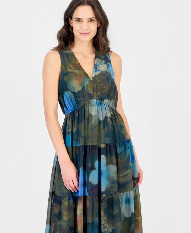 Women's Sl Tiered Maxi Sleeveless V-Neck Floral-Print Dress