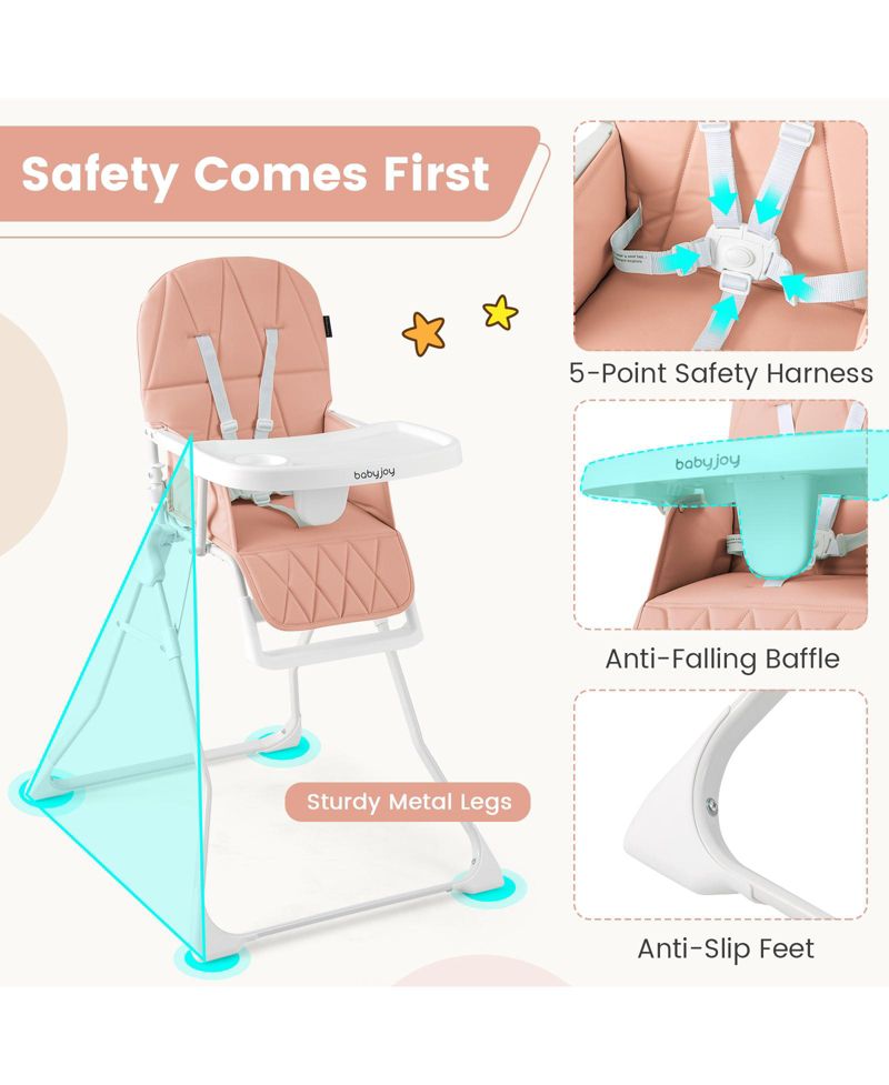 Toddler Foldable High Chair Easy Clean Compact Highchair w/ Removable Adjustable Tray