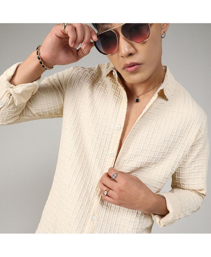 Men's Pale Yellow Textured Weave Shirt