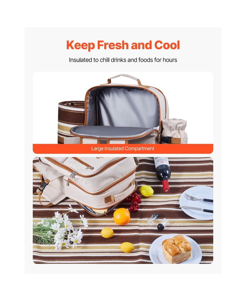 Picnic Backpack for 4 with Insulated Cooler, Blanket, Plates and Cutlery Set, 20 L
