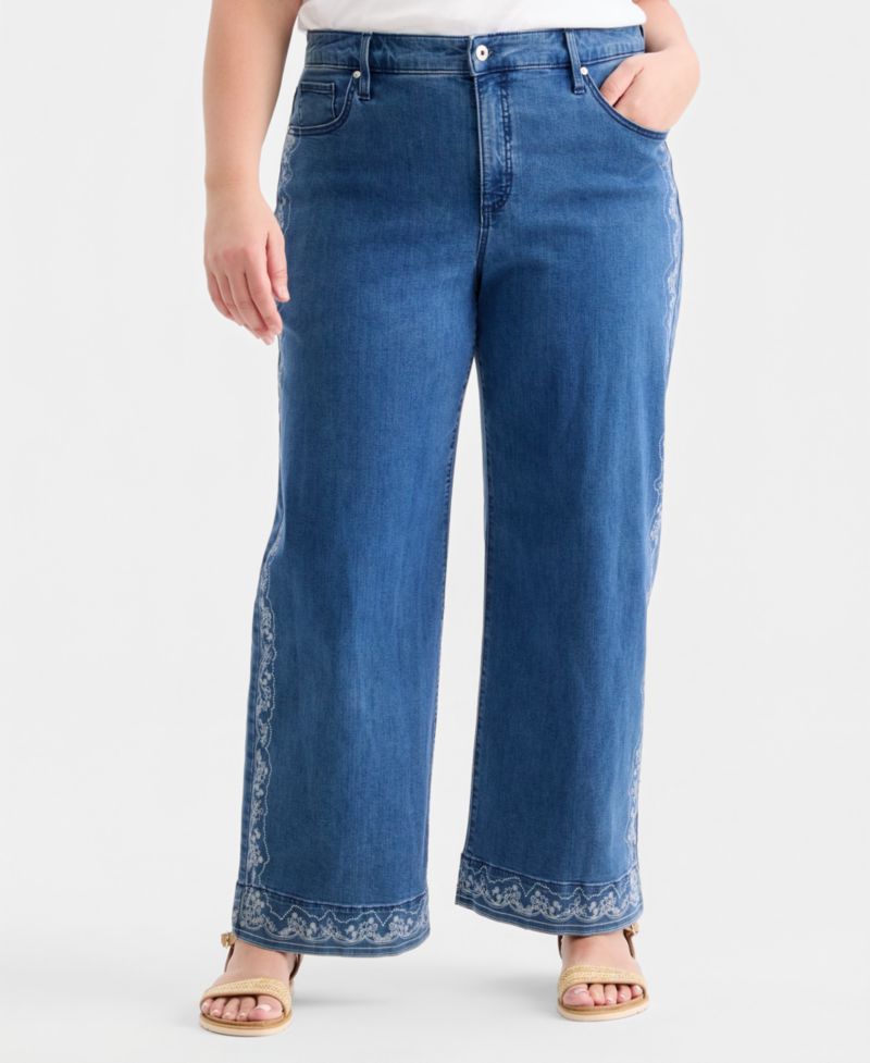 Plus Size Printed High-Rise Five-Pocket Wide-Leg Jeans