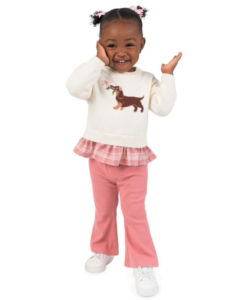 Baby Girls' Plaid Ruffle Dog Graphic Top and Rib Knit Leggings, 2-Piece Set